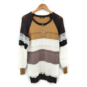 Sheilay Womens Brown Color Block Pullover Half Zip Sweater Sz S Lace Shabby Chic